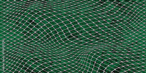 Soccer goal net viewed from inside the goal, white mesh stretched and slightly curved, green field background. Eps10