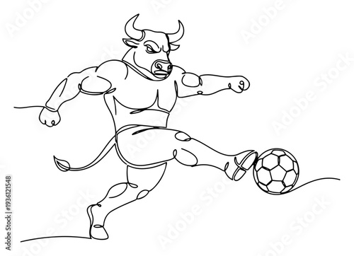 Muscular bull mascot character kicking a soccer ball in a continuous one line art style for sports branding