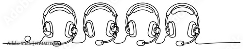 Row of gaming headsets with microphones drawn in a single continuous line style for communication concept