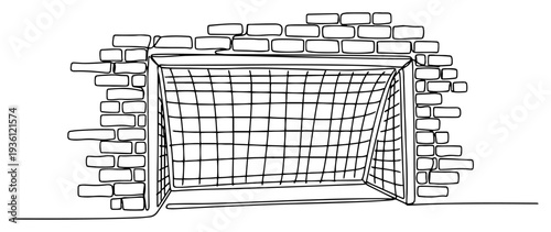 Soccer goal post in front of a brick wall drawn in a clean black and white line art style