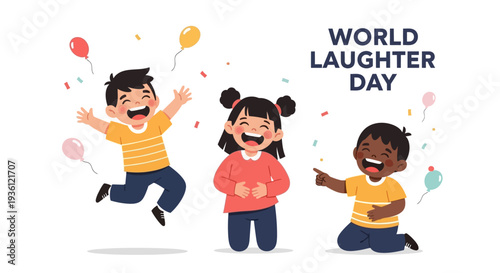 Three diverse children jumping with joy on World Laughter Day.