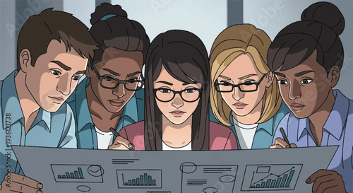 Diverse team of professionals collaborating on a business plan, charts, and graphs, focused on success