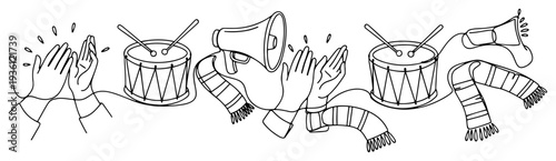 Continuous line drawing of football fan equipment with drums scarves and cheering hands