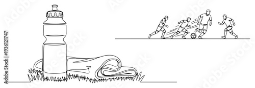 Continuous line drawing of water bottle and towel with soccer players
