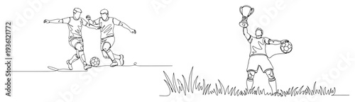 Continuous one line drawing of football players in action and a winner holding a trophy