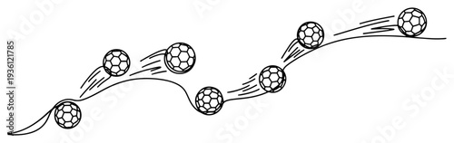 Series of soccer balls moving along dynamic wavy motion lines in a continuous drawing style