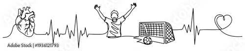 Football passion concept with a heartbeat pulse connecting a heart a cheering player and a goal
