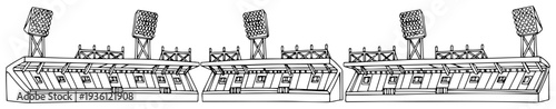 Continuous line drawing of soccer stadium stands with floodlights horizontal border