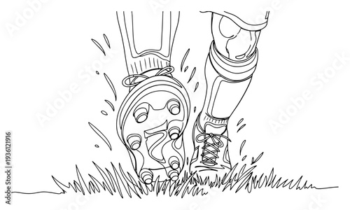 One line drawing of soccer cleats boots on grass field kicking up turf