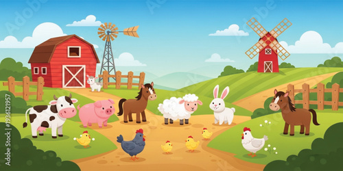 Cute Farm Animals Cartoon Landscape with Barn Windmill Cow Pig Horse Sheep Chicken and Rabbit in Rural Countryside Scene Illustration