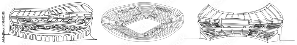Obraz premium Set of three minimalist stadium perspectives in continuous line art