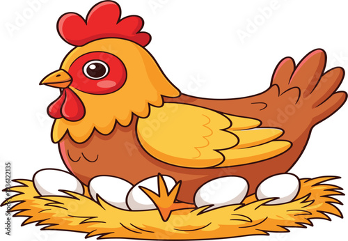 Cute Hen Sitting on Nest with Eggs, Farm Chicken Cartoon Character, Poultry Farming and Agriculture Vector Illustration