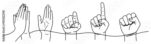 Continuous line drawing of various hand gestures showing clapping pointing and a fist