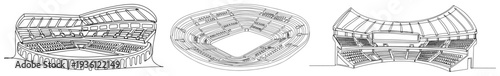 Set of three minimalist stadium perspectives in continuous line art