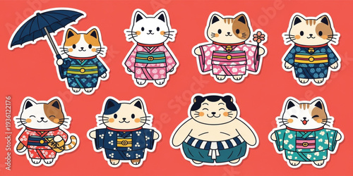Cute Japanese Cat Character Sticker Set Wearing Traditional Kimono and Sumo Outfit Cartoon Kawaii Animal Collection for Kids, Print, and Decorative Design