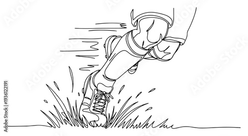 Continuous line drawing of soccer player foot running on field
