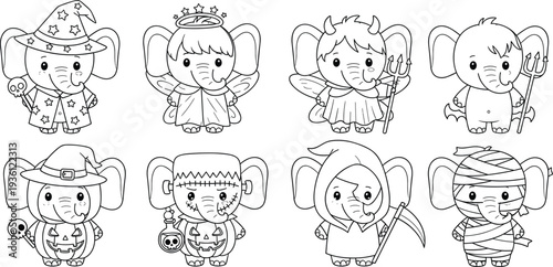 Cute Elephant Halloween Costume Coloring Page Vector Set with Witch, Angel, Devil, Pumpkin, Grim Reaper, Mummy and Frankenstein Characters