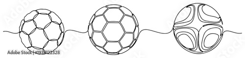 Continuous line drawing of three soccer balls with different designs