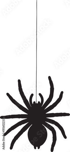 Black silhouette of a spider hanging from a thread on a transparent grid background, spooky Halloween decoration or concept art illustration