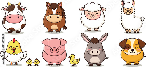 Cute Farm Animal Cartoon Set with Cow, Horse, Sheep, Llama, Pig, Chicken, Duck, Donkey, and Dog for Kids Illustration and Nursery Design