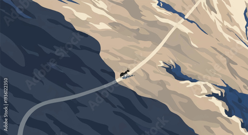 Aerial view of a solitary figure walking on a winding road through a vast, mountainous landscape with dramatic shadows.