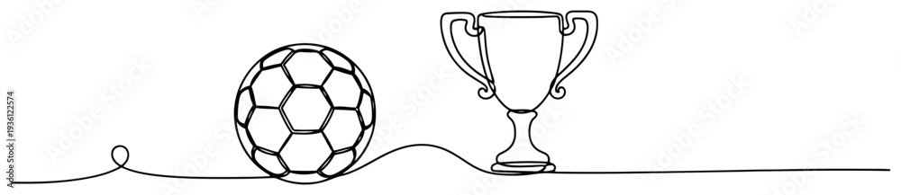 Obraz premium Continuous line drawing of soccer ball and winner trophy cup award