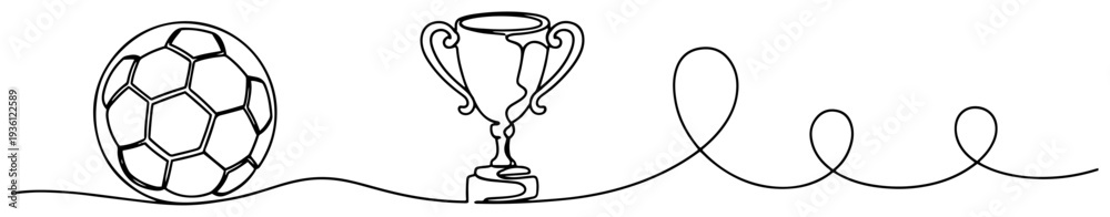 Fototapeta premium Minimalist one line drawing of soccer ball trophy and decorative swirls