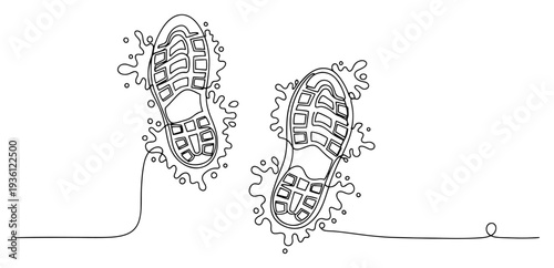 Footprints of shoes splashing in water or mud in a minimalist continuous line art style