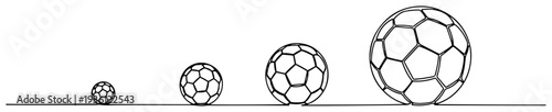 One line drawing of four soccer balls in different sizes showing growth and perspective
