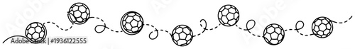 Continuous line drawing of soccer balls with dotted trajectory paths horizontal border