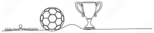 Continuous line drawing of soccer ball and winner trophy cup award