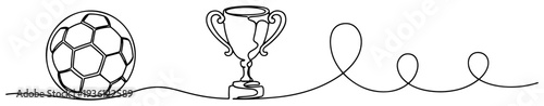 Minimalist one line drawing of soccer ball trophy and decorative swirls