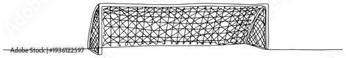Simple continuous line drawing of an empty soccer goal net on the field