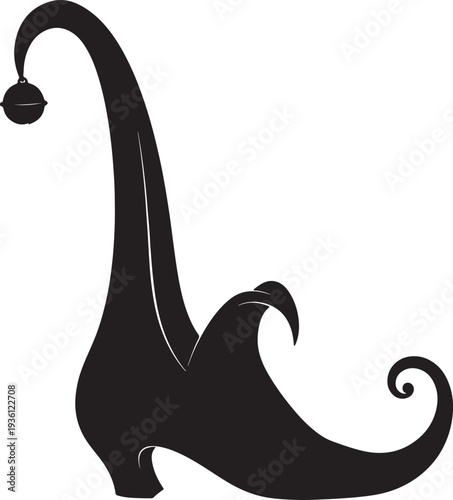 Whimsical black silhouette of jester shoe with long curled toe and small bell isolated on transparent background for circus and fairytale concepts
