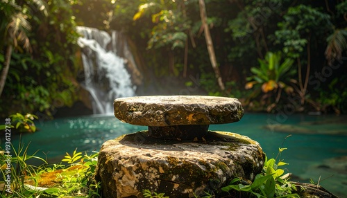 Tranquil tropical waterfall scene with stone pedestal and lush greenery backdrop
