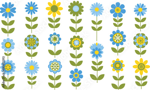 Set of stylized flat flower icons featuring various botanical blooms with green leaves in blue yellow and green colors for floral spring pattern design.