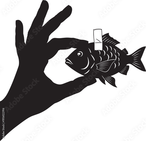 Black silhouette of hand holding a fish with tape over its mouth on transparent checkerboard background. graphic vector illustration