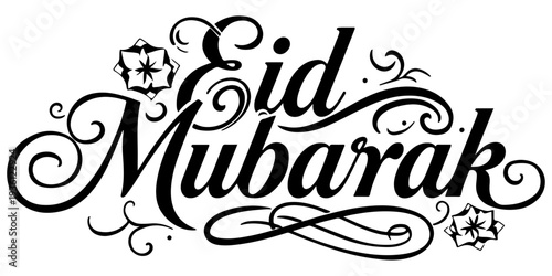 Eid Mubarak calligraphy text in elegant black script font isolated on white background; minimalist religious greeting for Eid al-Fitr and Eid al-Adha festivals, holiday vector illustration.
