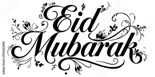 Eid Mubarak calligraphy text in elegant black script font isolated on white background; minimalist religious greeting for Eid al-Fitr and Eid al-Adha festivals, holiday vector illustration.