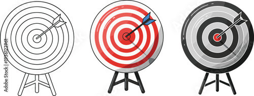 Target board with arrow in center icon set representing success goals and achievement in flat color outline and black silhouette styles.