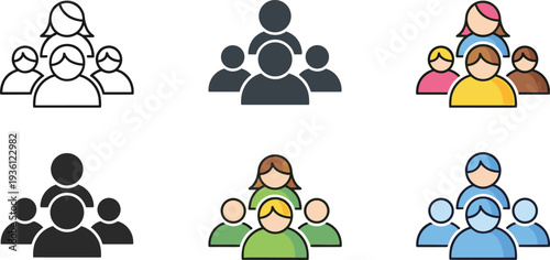 Vector icon set of people groups and business teams in flat line and solid styles for leadership community and social networking designs