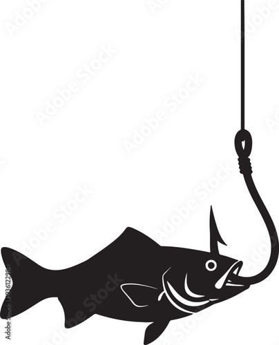 Fish on fishing hook silhouette isolated on transparent background vector illustration for fishing and seafood concepts