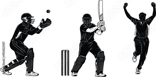 Cricket Player Silhouette Set Showing Catching, Batting, and Bowling Actions with Wicket Stumps Black Vector Illustration for Sports, Tournament, and Athletic Design