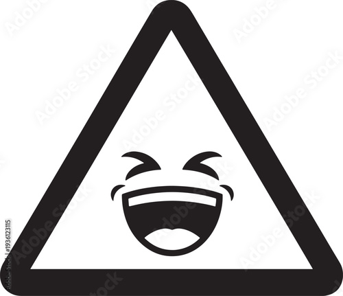 Laughing crying face inside triangle warning sign silhouette for humorous hazard notifications and funny caution alerts with tears of joy expression
