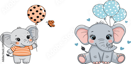 Cute Baby Elephant Cartoon Characters with Balloons and Hearts in Adorable Nursery Style Illustration for Kids Party Invitation and Baby Shower Design