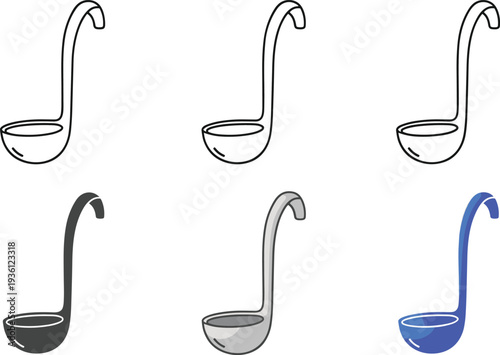 Collection of kitchen soup ladle icons featuring long curved handles in flat color outline and black silhouette styles for cooking designs.