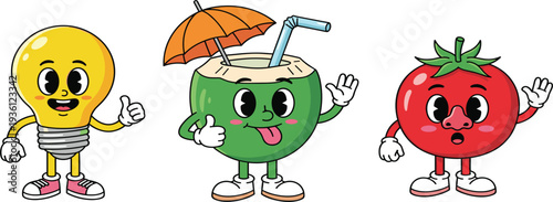 Cute Cartoon Mascot Characters Set Featuring Light Bulb, Coconut Drink, and Tomato Funny Food and Object Characters Vector Illustration