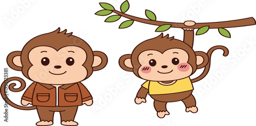 Cute Cartoon Monkey Characters with Standing and Hanging Poses on Tree Branch for Kids Nursery Stickers Mascots and Vector Illustration Set