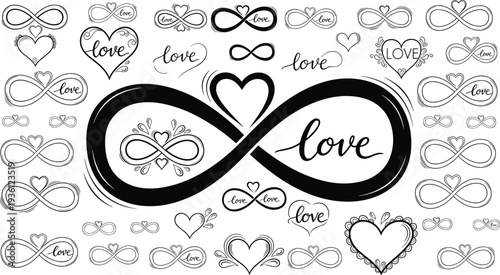 Decorative collection of hand drawn infinity symbols and hearts with love text doodles in black ink style for romantic wedding designs