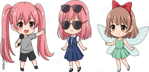 Cute Chibi Anime Girl Characters Vector Set with Singer, Fashion Style and Fairy Costume Cartoon Illustration Collection